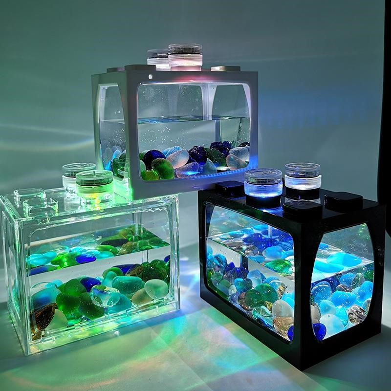 小鱼缸水母创意生态缸微景观斗鱼缸热带鱼水族箱带led灯生态瓶