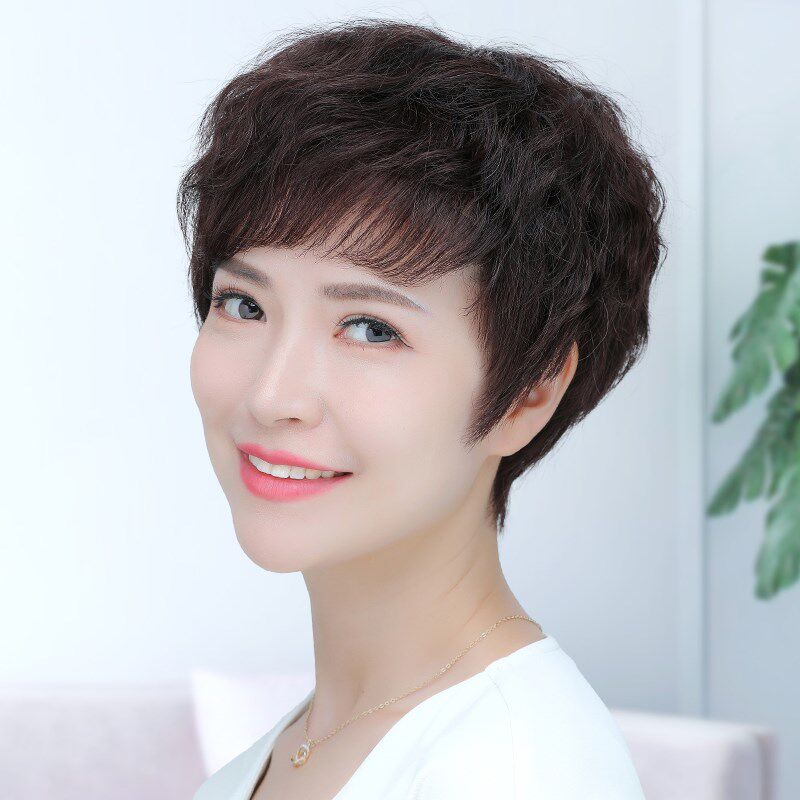 假发中老年女士妈妈款全头套女真人发丝短卷发自然圆脸日常假发套