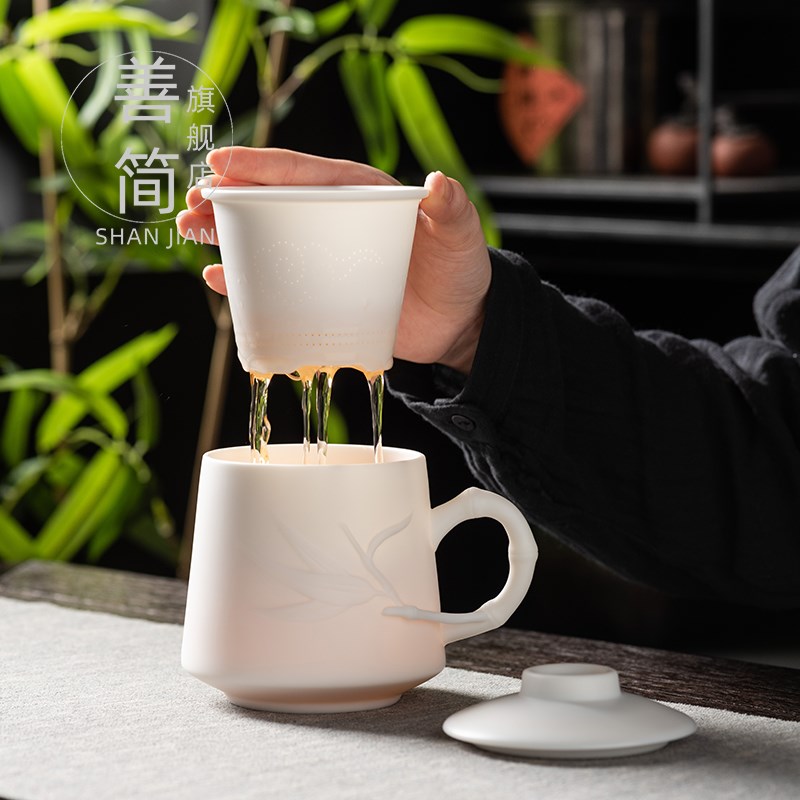 羊脂玉茶杯茶水分离带盖过滤家用办公室领导白瓷水杯高端茶道杯子