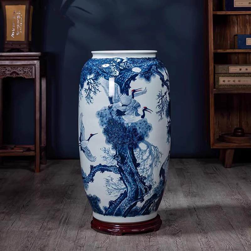 波旁藏阁客厅景德镇陶瓷手绘松鹤延年花瓶装饰书房落地书画缸摆件