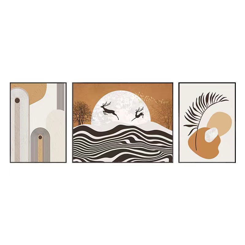 简约现代客厅装饰画抽象橙色线条壁画福鹿三联组合沙发背景墙挂画
