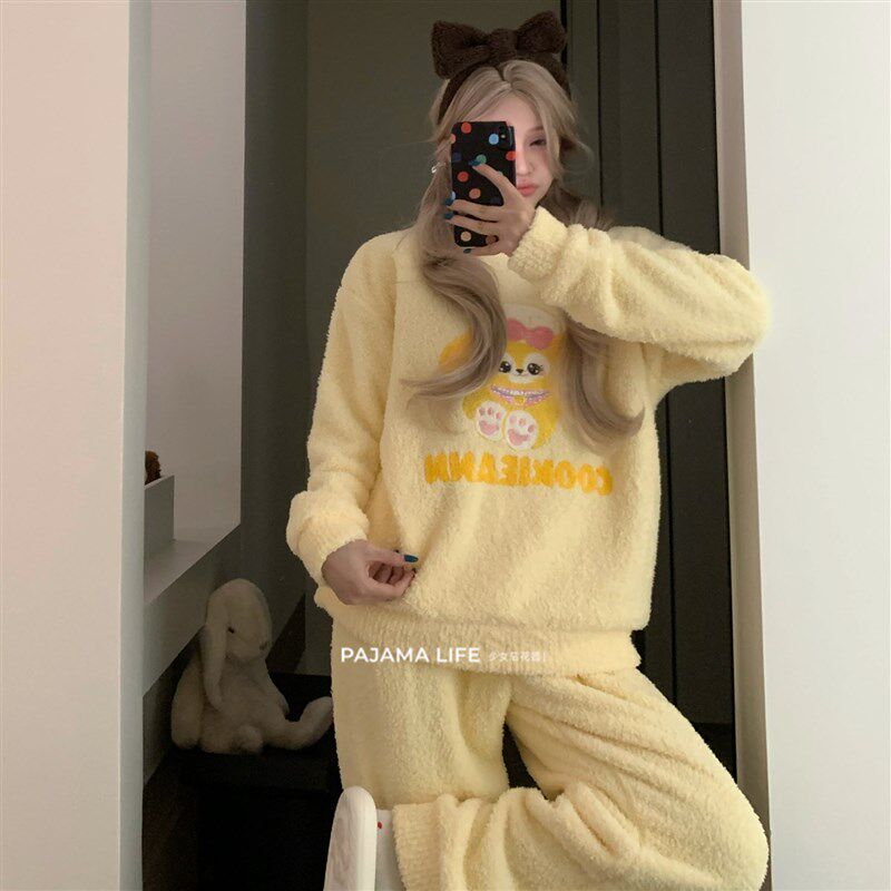 可爱厨师饼饼卡通睡衣女秋冬季珊瑚绒保暖毛绒长袖套头家居服套装