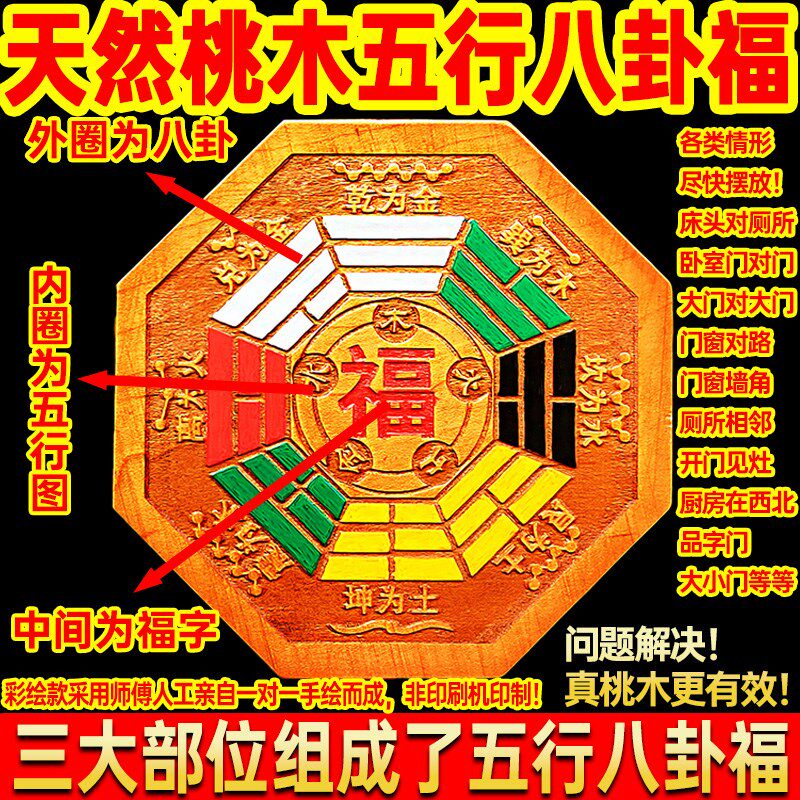 桃木五行八卦福挂件木雕福字镜彩绘八卦家居用品双面雕刻福字挂件