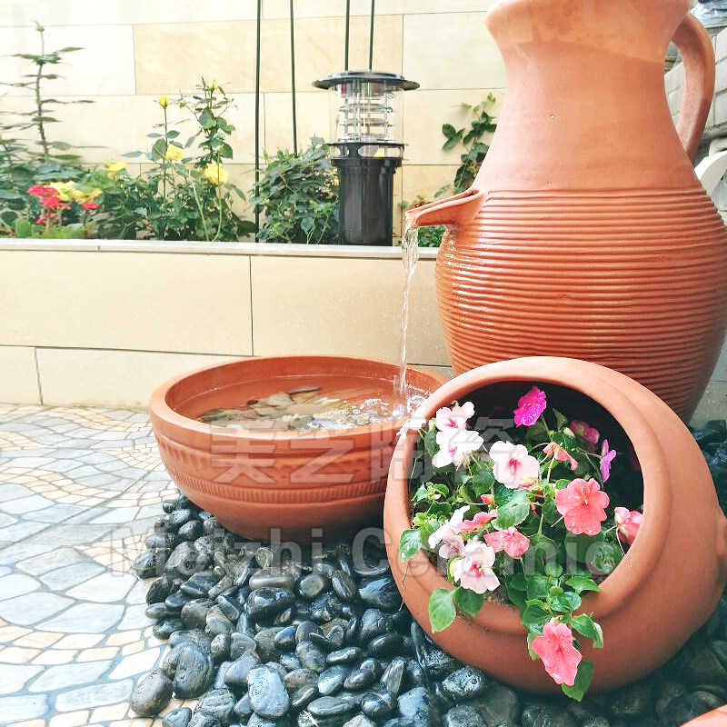 庭院带嘴循环流水陶罐园林水景观喷泉红陶花盆喷水花瓶养花罐摆件