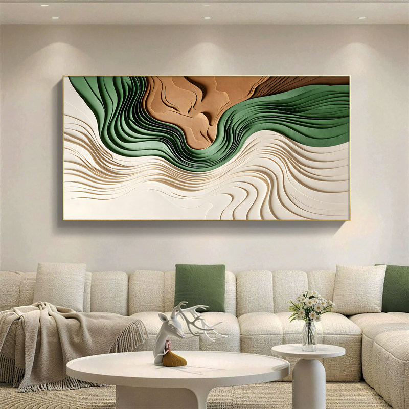 绿意盎然客厅装饰画简约肌理沙发背景墙挂画横版床头抽象砂岩壁画