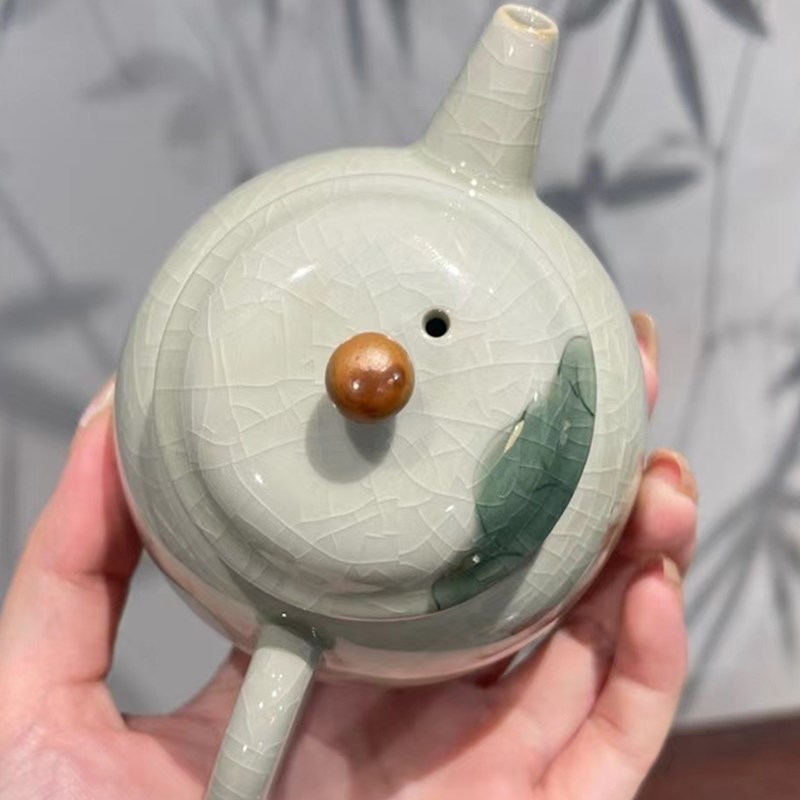惊蛰 仿古灰手绘荷花茶壶 釉下彩茶器 冰裂纹宫灯壶 功夫茶具茶泡