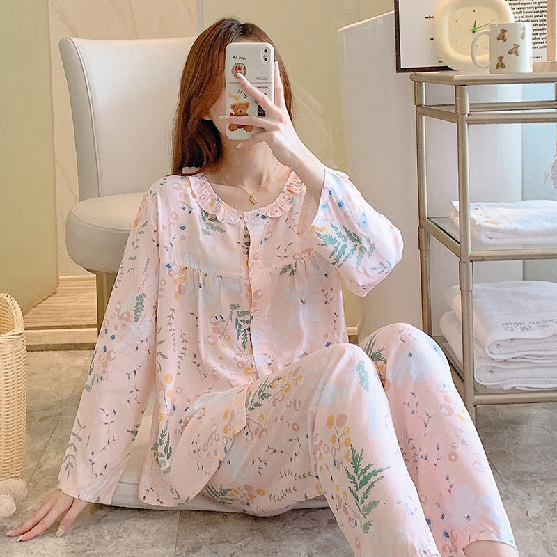 春秋季长袖棉绸睡衣女士夏天绵绸家居服套装空调服月子服开衫薄款