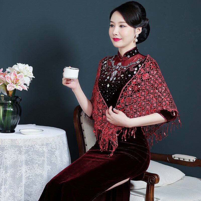 高端优雅蕾丝亮片红色旗袍披肩三角巾流苏婚礼妈妈外搭配礼服外披
