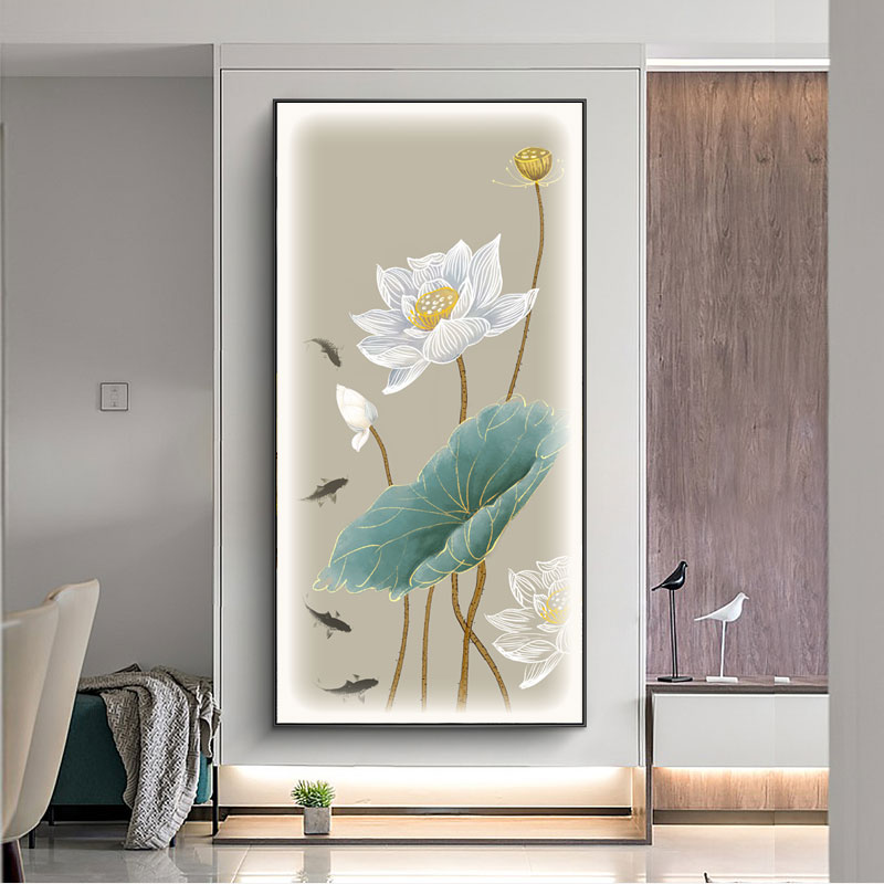 入户玄关带灯晶瓷挂画走廊过道LED发光荷花高档装饰画竖版新中式