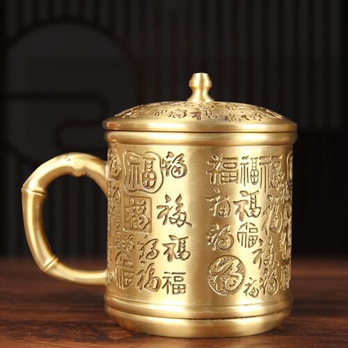 新款黄铜百福杯纯黄铜茶缸高档家居茶道摆件古玩铜器收藏带盖把手