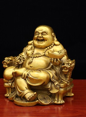 包邮纯铜弥勒佛像摆件 龙椅平安佛 招财纳福办公室镇宅工艺品