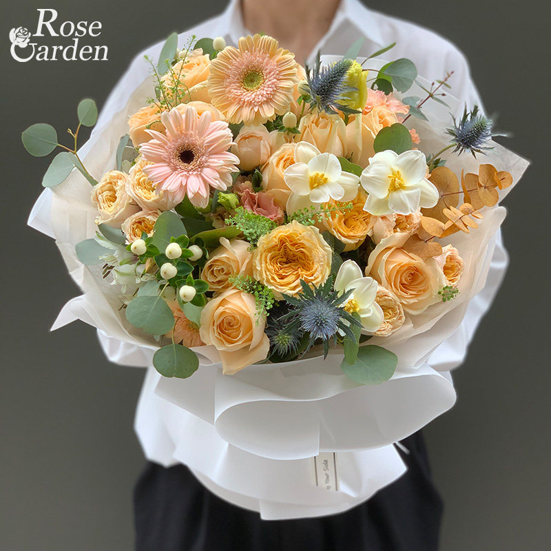 杭州鲜花同城速递爱人生日玫瑰花桔梗混搭花束订花店配送上门女友