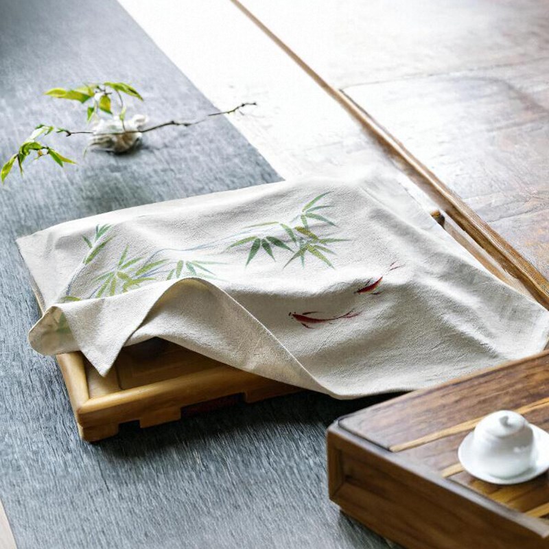 手绘茶盘防尘盖布长方形棉麻茶台盖巾茶具遮灰尘桌布茶杯小方巾