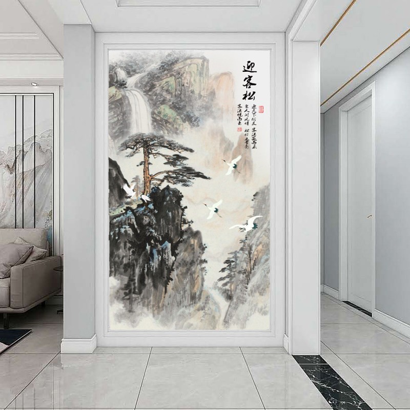新中式入户玄关竖版无水靠山过道墙纸迎客松山水画壁布墙布壁纸8D
