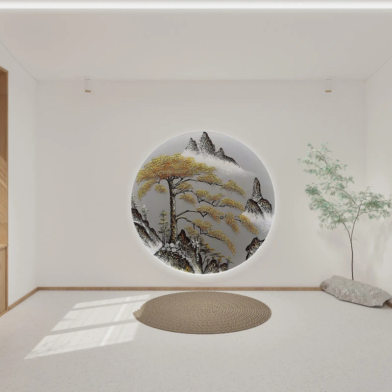 迎客松圆形玄关装饰画新中式高档山水书房茶室高端画墙纸壁纸壁画