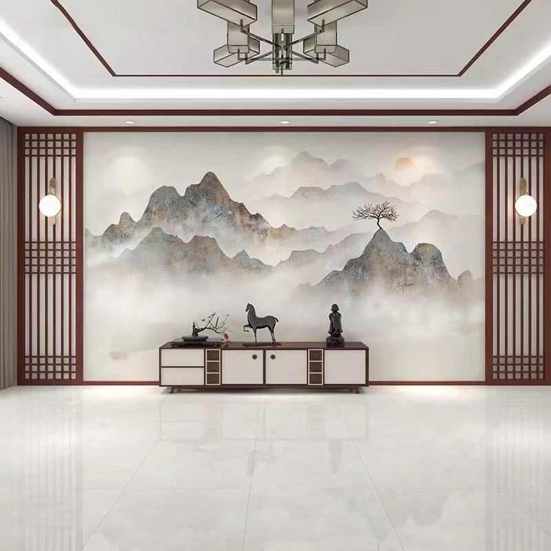 新中式水墨山水画背景墙卧室客厅电视墙装饰扣板竹木纤维集成墙板