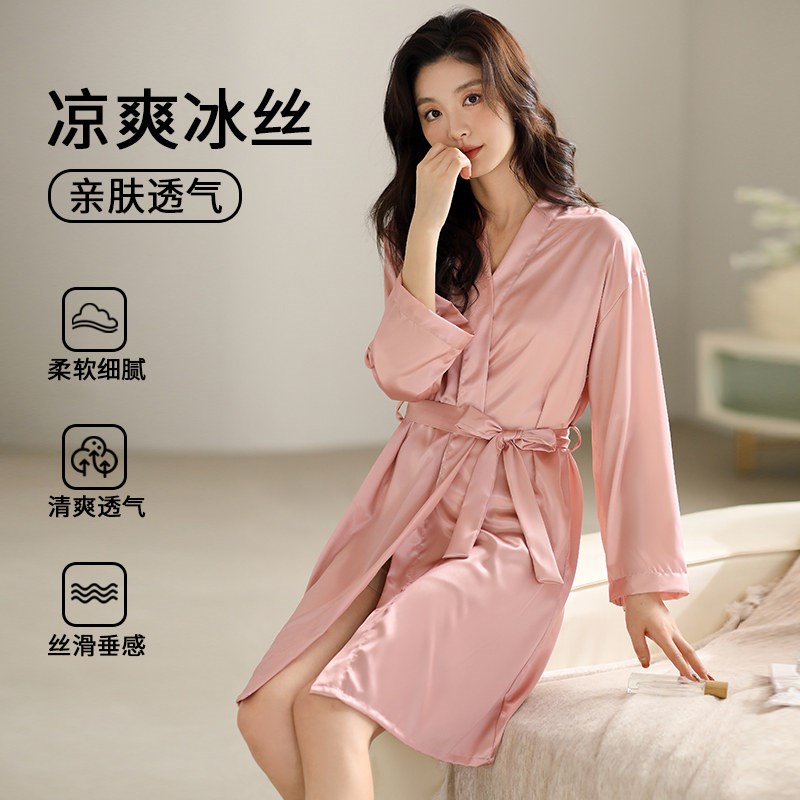 气质睡袍女士浴袍可系带晨袍睡衣女夏季薄款休闲高级冰丝绸家居服