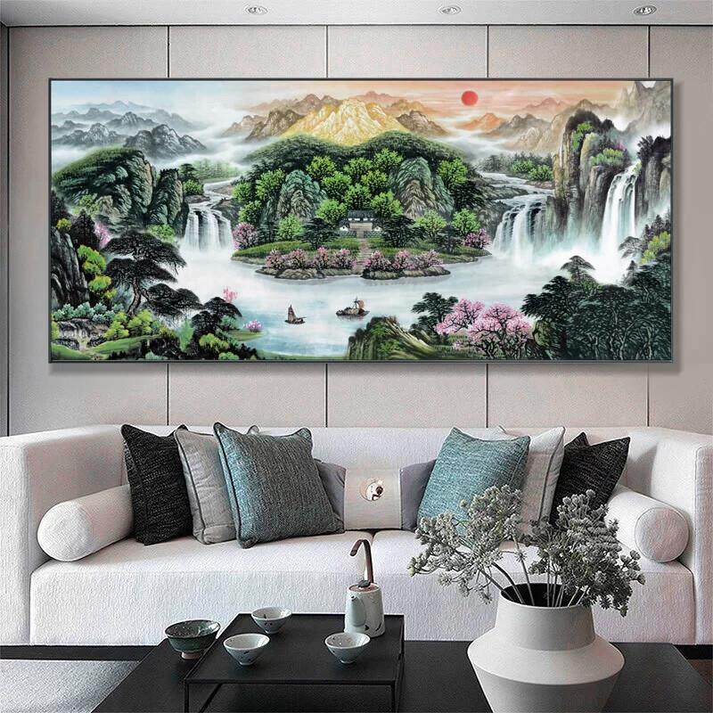 新中式山水画客厅挂画背景墙装饰画中堂壁画风景画国画办公室字画