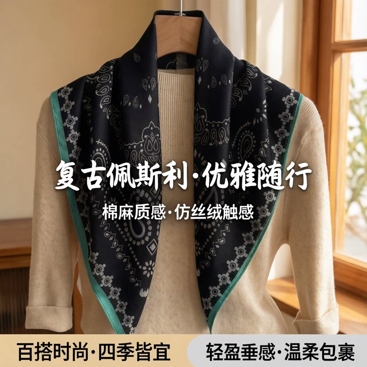 欧美轻奢花纹人字纹橙色棉麻感小方丝绒头巾超大空调披肩围脖巾