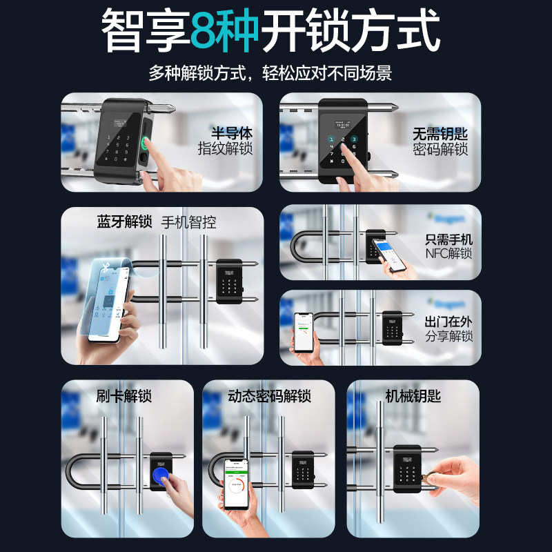 密码锁u型锁玻璃门指纹锁双开门商铺店面U形插锁电子挂锁智能门锁