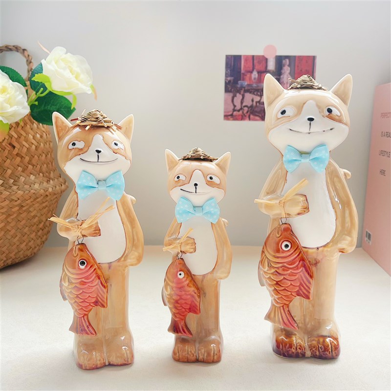创意陶瓷钓鱼小猫一家三口卡通动物桌面客厅玄关儿童房装饰摆件