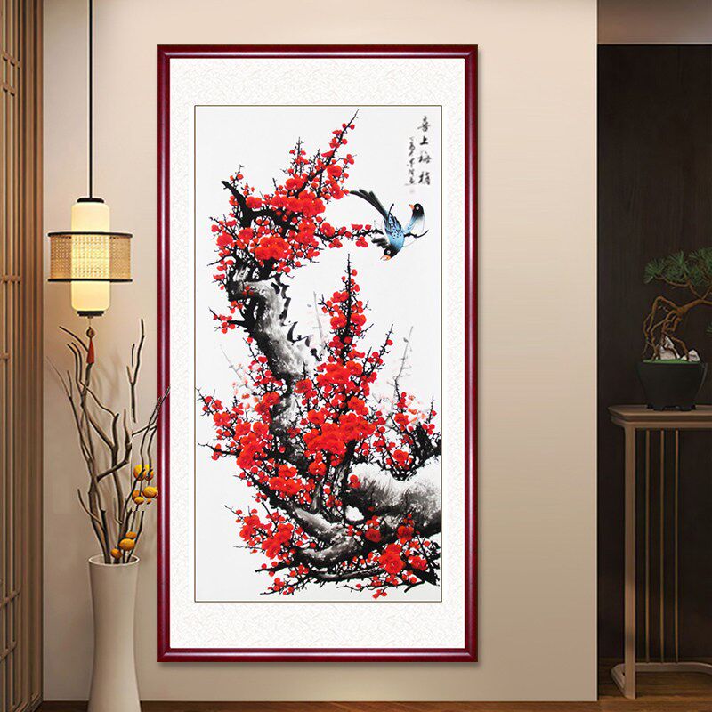 喜上眉梢玄关装饰画手绘国画梅花花鸟画水墨画客厅挂画红梅报春图
