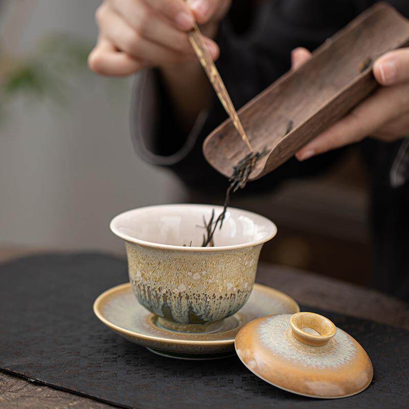 景德镇纯手工结晶釉三才盖碗茶杯窑变松针功夫茶具陶瓷泡茶碗单个