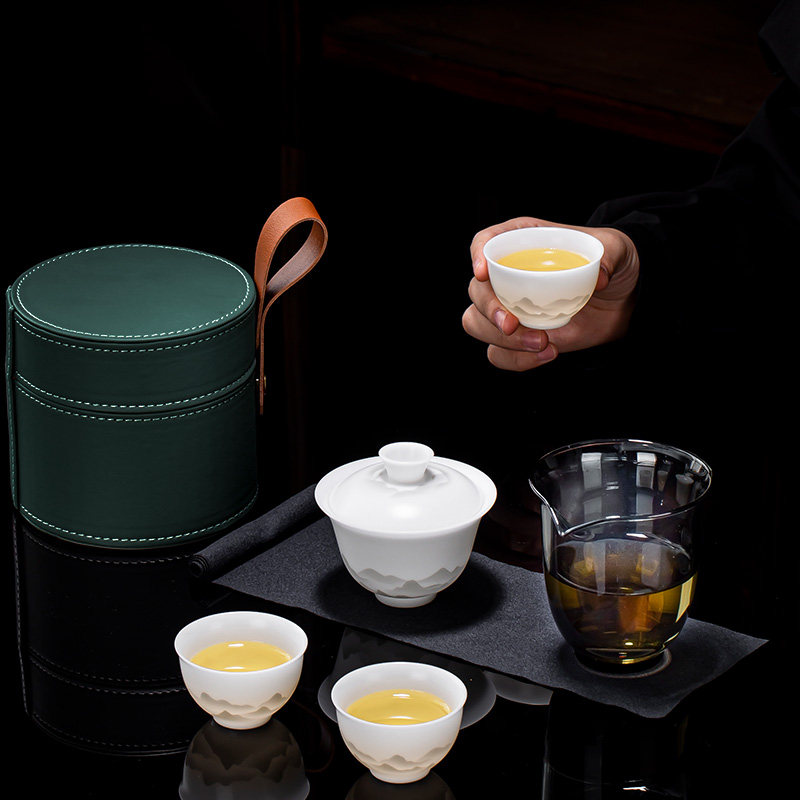 冰种玉瓷旅行茶具套组可携式快客杯功夫茶杯高端户外露营一壶三杯