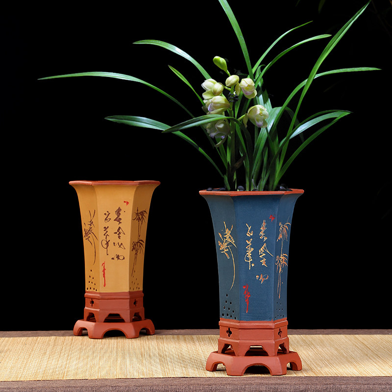 陶瓷兰花盆高腰大号古典透气出汗泥兰花盆精品紫砂花盆六方兰花盆