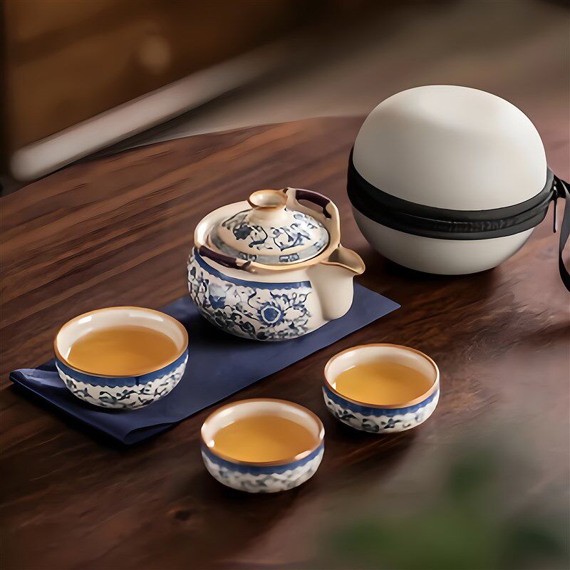 青花汝窑旅行茶具套装便携式一壶三杯陶瓷快客杯户外泡茶喝茶杯子