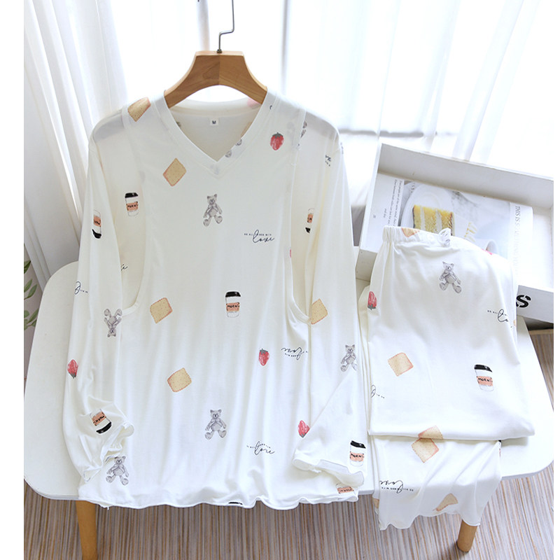 莫代尔月子服夏薄款长袖夏季家居服套装孕妇睡产后哺乳衣套头喂奶