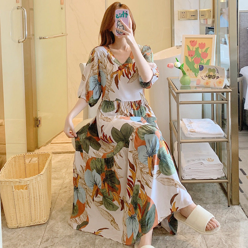 外穿棉绸睡裙女夏短袖绵绸妈妈睡衣人造棉洋装睡衣裙大尺码长裙子