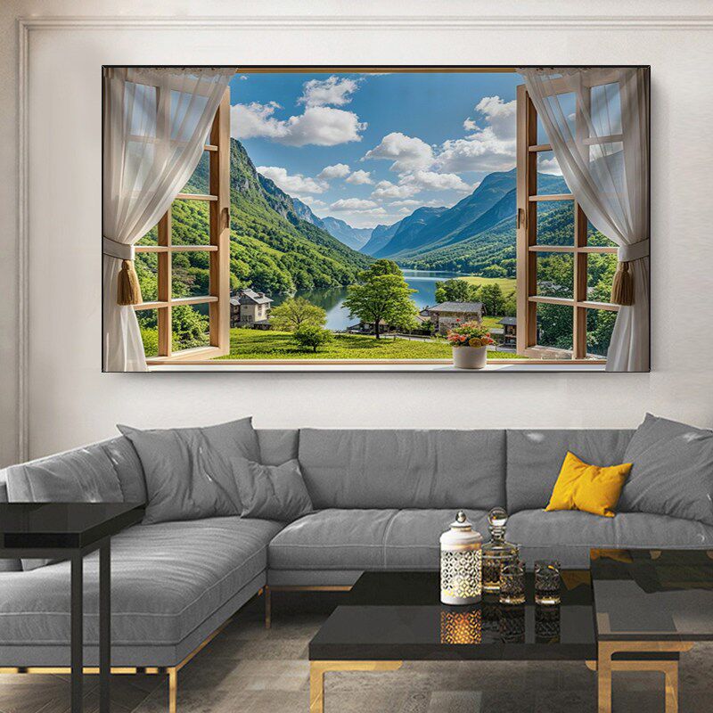 窗外山水风景背景客厅卧室墙画背景墙画布高级挂画床头壁画