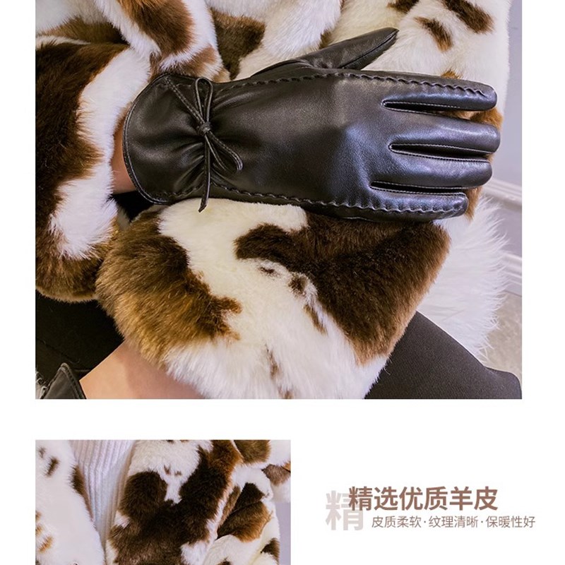 韩版秋冬蝴蝶结小羊皮真皮手套女士冬季保暖加绒加厚骑行防风