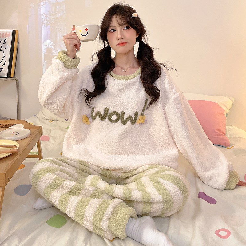 半边绒睡衣女冬季珊瑚绒加厚加绒秋冬款简约风长袖套装冬天家居服