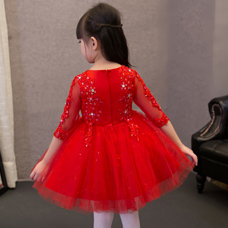 儿童礼服女童晚礼服婚纱红色公主裙蓬蓬纱花童主持人生日钢琴演出