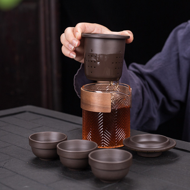 旅行功夫式紫砂茶具便携车载小套装出差随身户外一壶四杯快客冲器