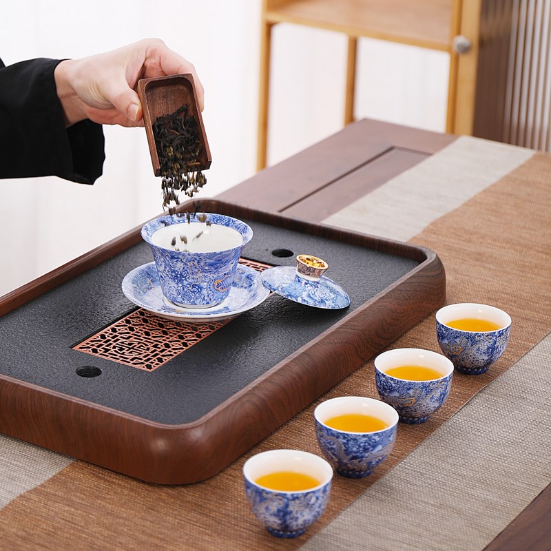 羊脂玉瓷掐丝银龙陶瓷青花瓷悬停盖碗凤鸣壶功夫茶具套组2025新款
