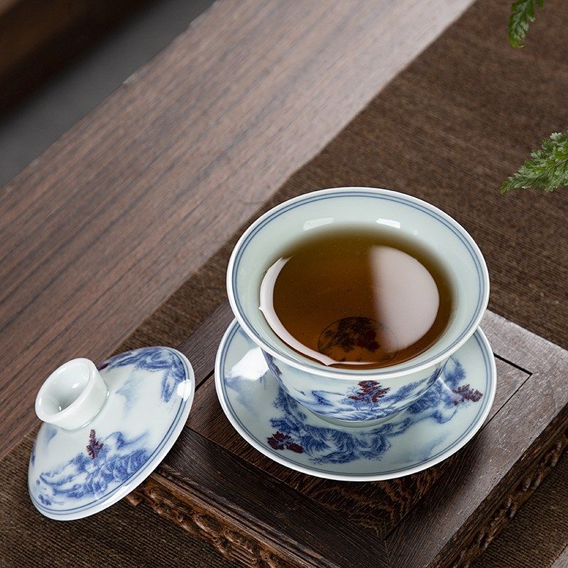 三才盖碗单个茶杯茶碗带盖子不烫手泡茶功夫茶具高档青花陶瓷200m