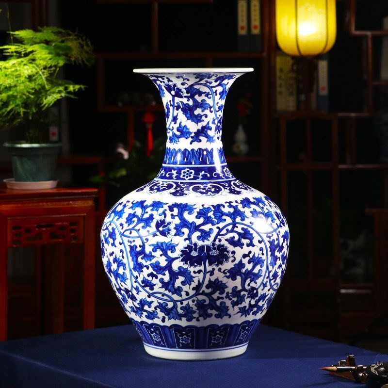 景德镇陶瓷器摆件客厅插花青花瓷彷古手绘落地大花瓶中式家居