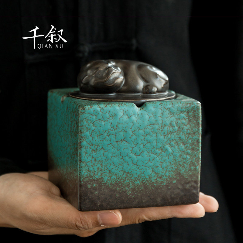 创意玉玺烟灰缸陶瓷带盖复古孔雀绿家用办公室客厅中式防飞灰烟缸