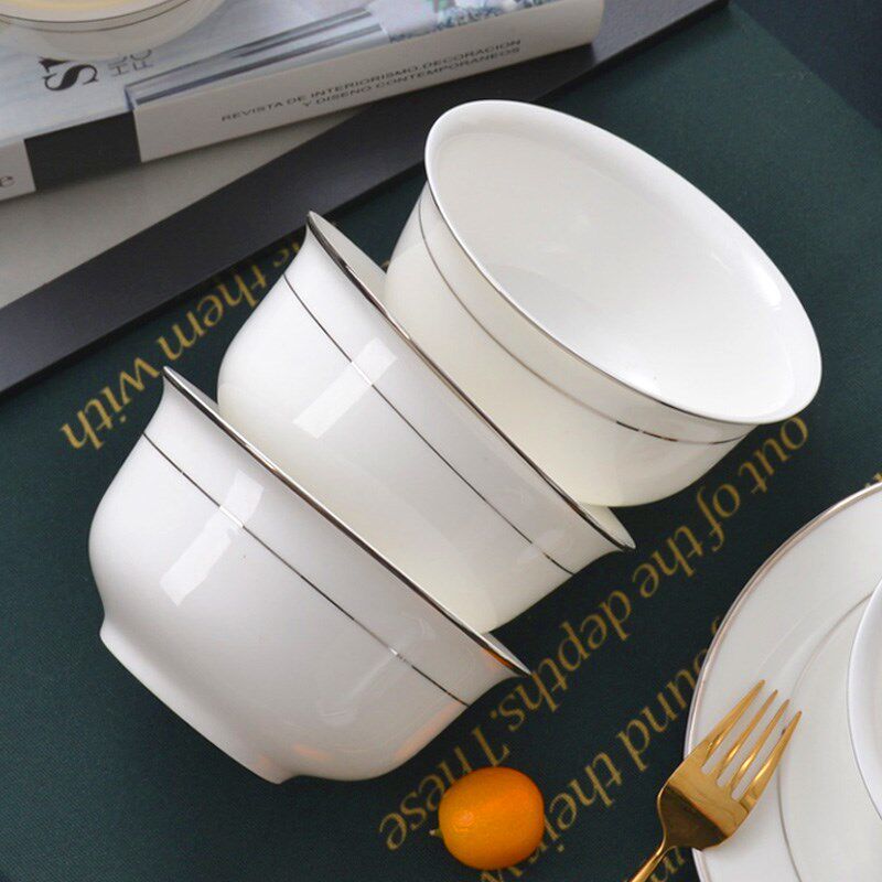 金边碗10个装 唐山骨瓷餐具5英寸米饭碗汤碗家用陶瓷碗白瓷碗面碗