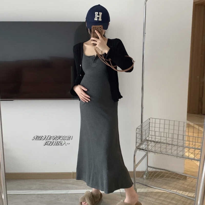 孕妇装春秋吊带背心裙子气质纽扣吊带长裙修身夏季显瘦连衣裙套装
