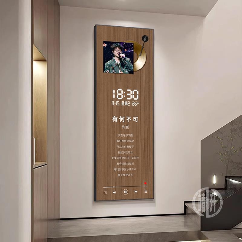 黑胶唱片镜子玄关装饰画带钟表复古全身镜隐藏式可推拉穿衣镜挂画
