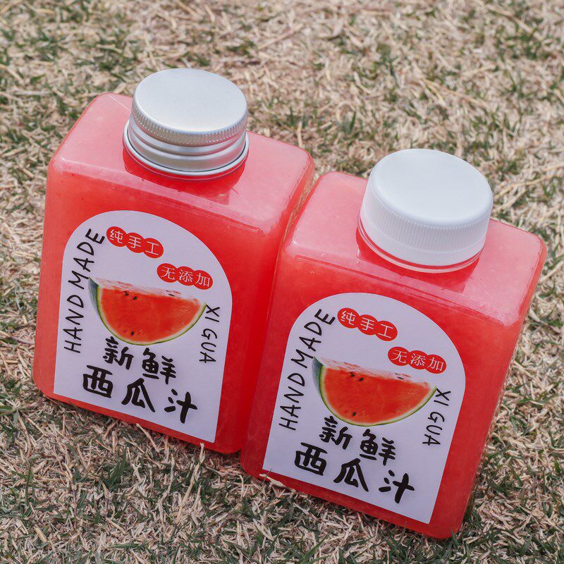 加厚400ML扁方瓶果汁瓶一次性塑料奶茶瓶西瓜汁瓶子带盖牛奶瓶子