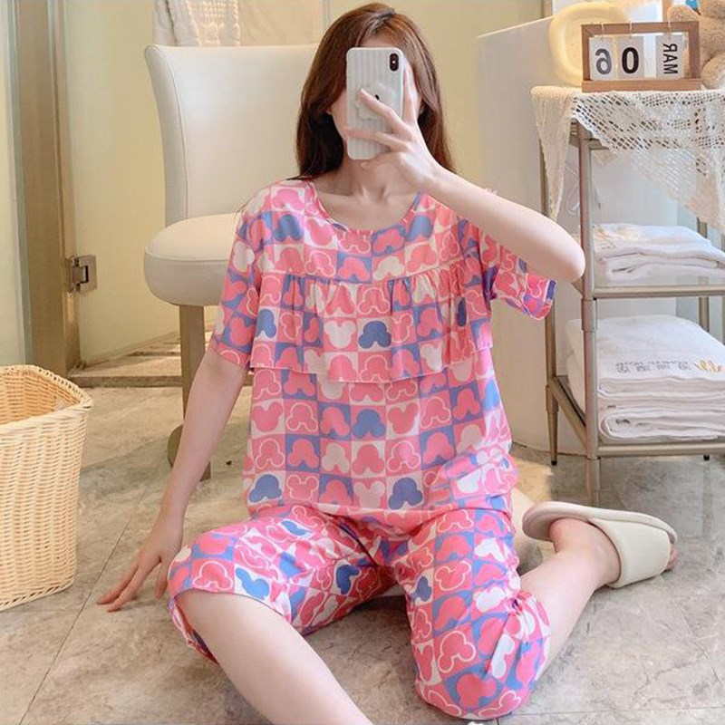 女士防凸点棉绸睡衣薄款短袖五分裤套装夏季人造绵绸空调服家居服