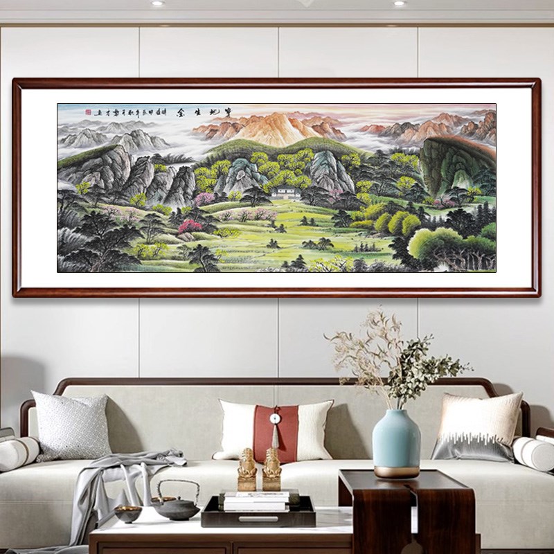 宝地生金山水画手绘风水画客厅办公室国画西墙挂画聚宝盆装饰画