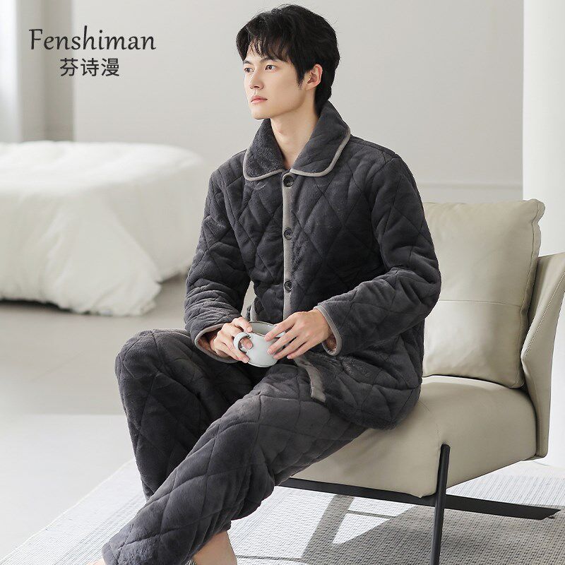 睡衣男款冬季三层夹棉加厚加绒男士秋冬珊瑚绒家居服冬款棉衣套装