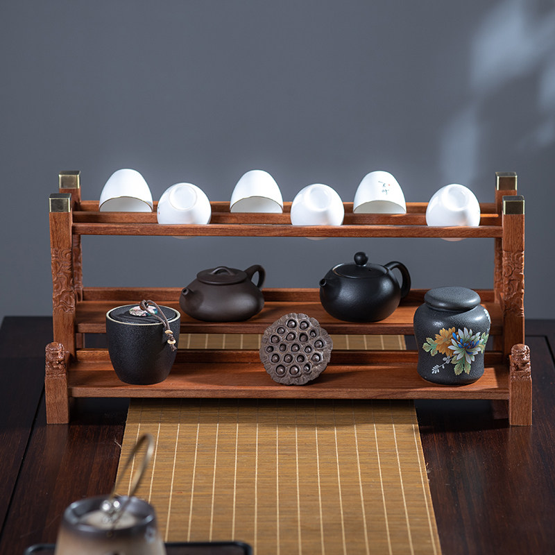 实木双层茶杯架茶具收纳展示架家用晾杯架围栏茶壶架博古架置物架
