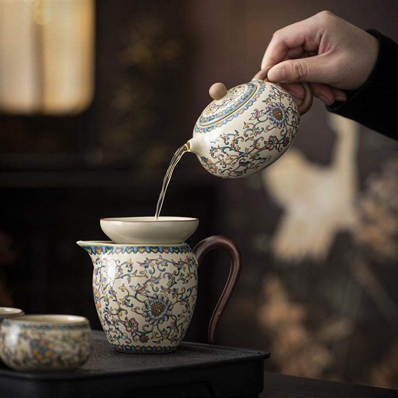 汝窑珐琅彩缠枝莲泡茶壶茶杯茶具套装家用送长辈老师乔迁生日礼物